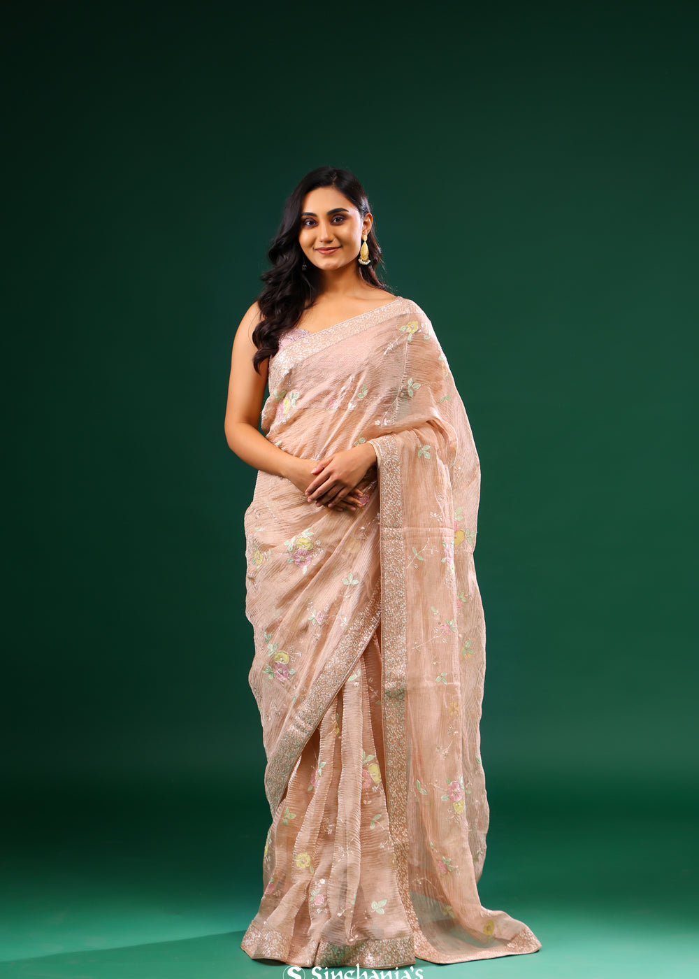 Cameo Peach Crushed Tissue Designer Saree With Floral Embroidery