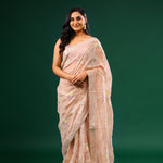 Cameo Peach Crushed Tissue Designer Saree With Floral Embroidery