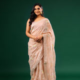 Cameo Peach Crushed Tissue Designer Saree With Floral Embroidery