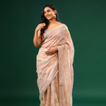 Cameo Peach Crushed Tissue Designer Saree With Floral Embroidery