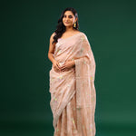 Cameo Peach Crushed Tissue Designer Saree With Floral Embroidery