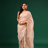 Cameo Peach Crushed Tissue Designer Saree With Floral Embroidery