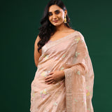 Cameo Peach Crushed Tissue Designer Saree With Floral Embroidery