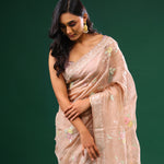 Cameo Peach Crushed Tissue Designer Saree With Floral Embroidery