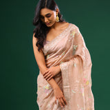 Cameo Peach Crushed Tissue Designer Saree With Floral Embroidery