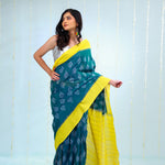 Peacock Green Ikkat Cotton Saree With Contrast Border