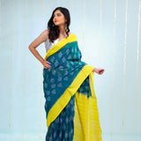 Peacock Green Ikkat Cotton Saree With Contrast Border