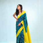Peacock Green Ikkat Cotton Saree With Contrast Border