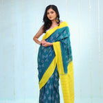 Peacock Green Ikkat Cotton Saree With Contrast Border
