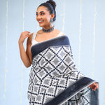 Merino White Ikkat Cotton Saree With Black Pattern