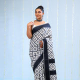 Merino White Ikkat Cotton Saree With Black Pattern