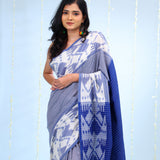 Deep Blue Ikkat Cotton Saree With Big Border