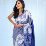 Deep Blue Ikkat Cotton Saree With Big Border