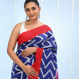 Deep Blue Ikkat Cotton Saree With Chevron Pattern