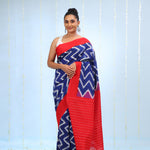 Deep Blue Ikkat Cotton Saree With Chevron Pattern