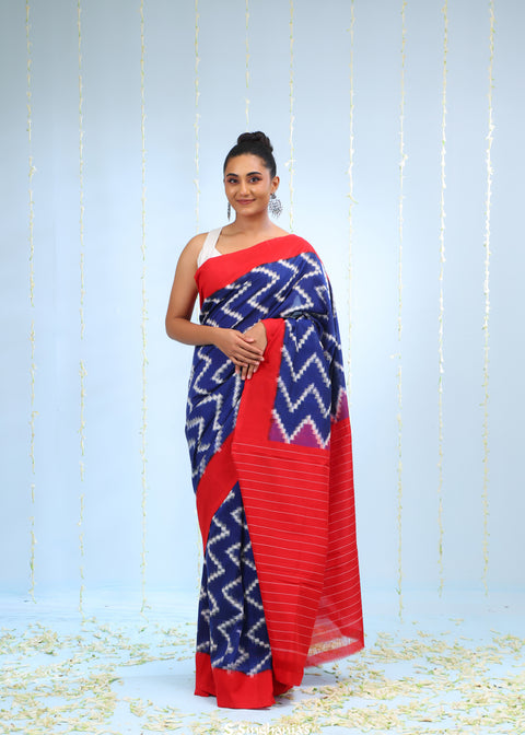 Deep Blue Ikkat Cotton Saree With Chevron Pattern