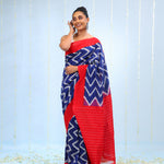 Deep Blue Ikkat Cotton Saree With Chevron Pattern