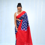 Deep Blue Ikkat Cotton Saree With Chevron Pattern
