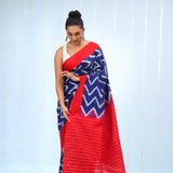 Deep Blue Ikkat Cotton Saree With Chevron Pattern