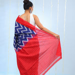 Deep Blue Ikkat Cotton Saree With Chevron Pattern