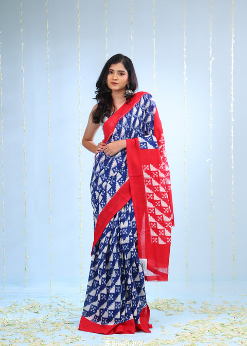 Royal Blue Ikkat Cotton Saree With Abstract Pattern