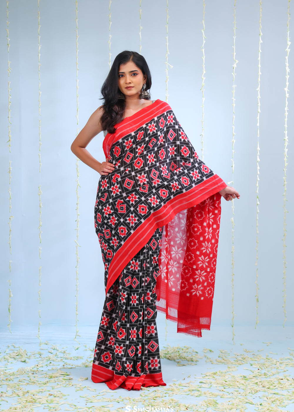 Deep Black Ikkat Cotton Saree With Contrast Border