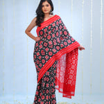 Deep Black Ikkat Cotton Saree With Contrast Border