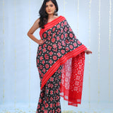 Deep Black Ikkat Cotton Saree With Contrast Border