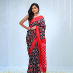 Deep Black Ikkat Cotton Saree With Contrast Border