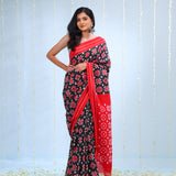 Deep Black Ikkat Cotton Saree With Contrast Border