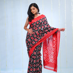 Deep Black Ikkat Cotton Saree With Contrast Border