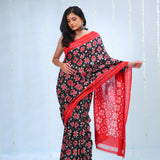 Deep Black Ikkat Cotton Saree With Contrast Border