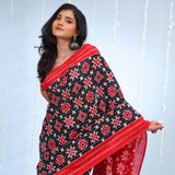 Deep Black Ikkat Cotton Saree With Contrast Border