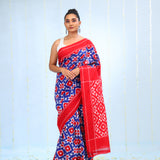 Deep Blue Ikkat Cotton Saree With Contrast Border
