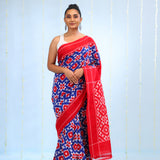 Deep Blue Ikkat Cotton Saree With Contrast Border