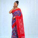 Deep Blue Ikkat Cotton Saree With Contrast Border