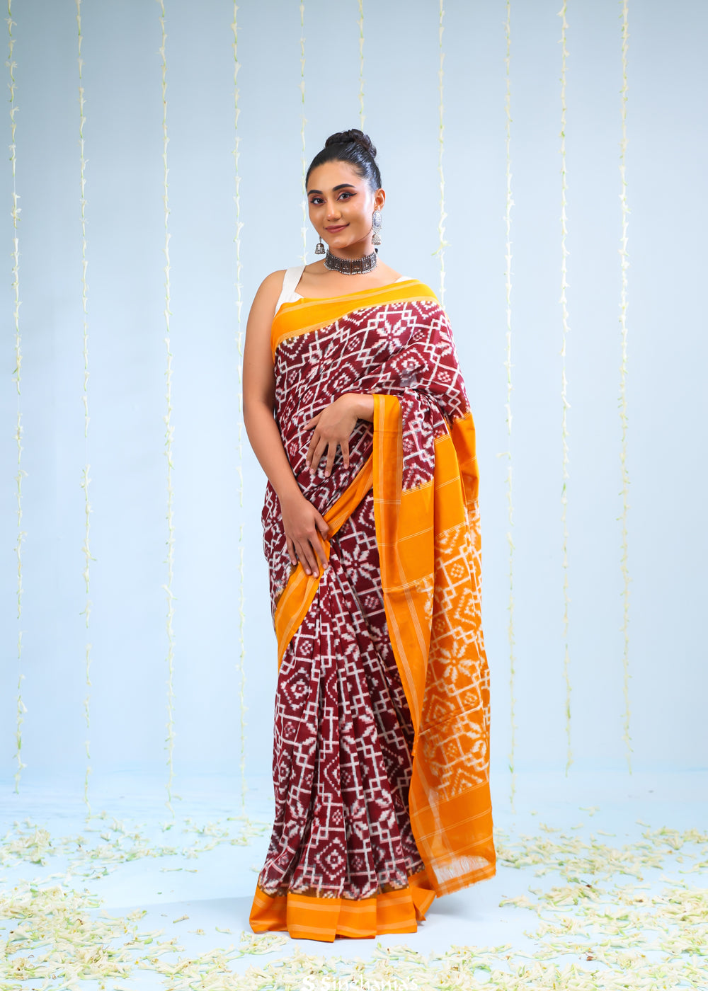 Marigold Orange Ikkat Cotton Saree With Traditional Design