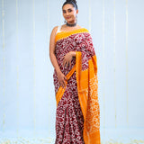 Marigold Orange Ikkat Cotton Saree With Traditional Design