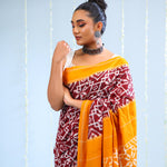 Marigold Orange Ikkat Cotton Saree With Traditional Design