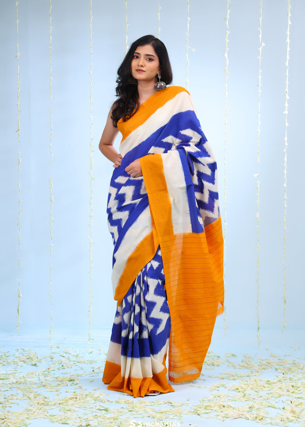 Cerulean Blue Ikkat Cotton Saree With Contrast Border