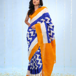 Cerulean Blue Ikkat Cotton Saree With Contrast Border