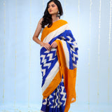 Cerulean Blue Ikkat Cotton Saree With Contrast Border