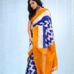 Cerulean Blue Ikkat Cotton Saree With Contrast Border