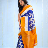 Cerulean Blue Ikkat Cotton Saree With Contrast Border