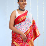 Bright White Ikkat Silk Saree With Contrast Border