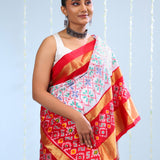 Bright White Ikkat Silk Saree With Contrast Border