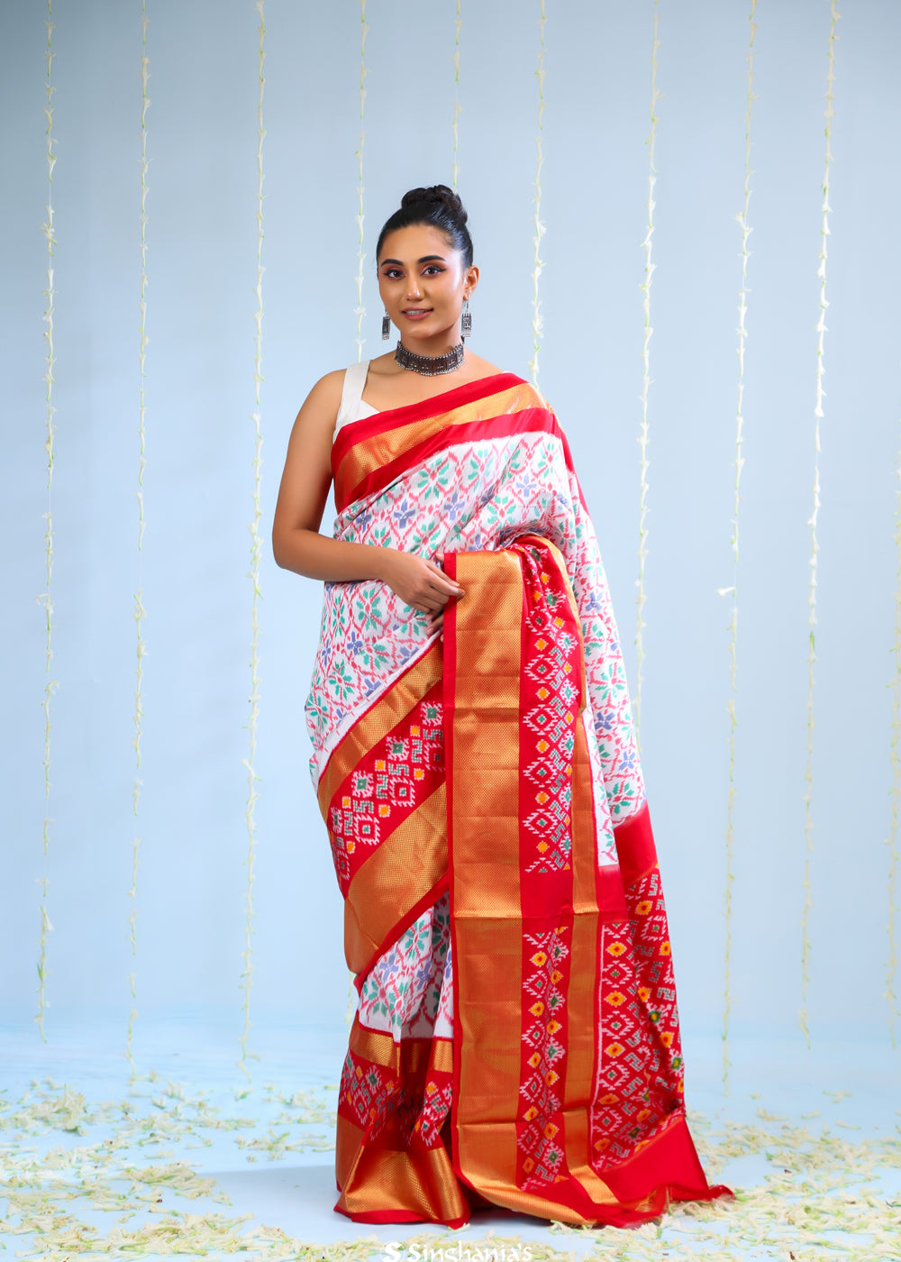 Bright White Ikkat Silk Saree With Contrast Border