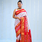 Bright White Ikkat Silk Saree With Contrast Border