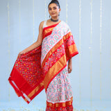 Bright White Ikkat Silk Saree With Contrast Border