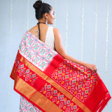 Bright White Ikkat Silk Saree With Contrast Border